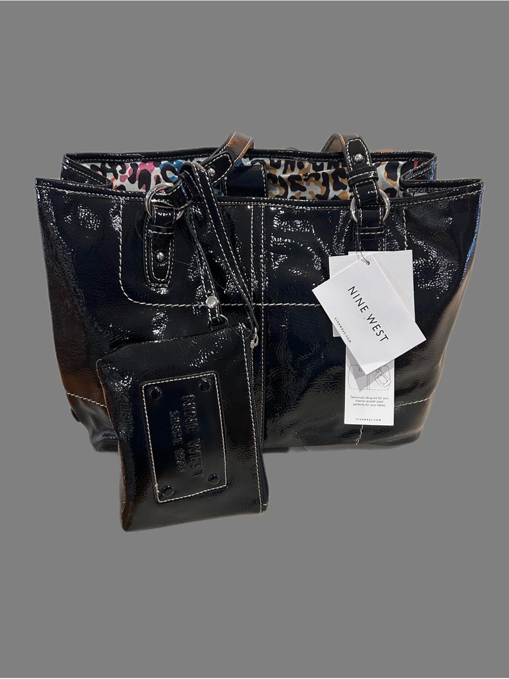 Nine West Black Patent Tote with Leopard-Print Liner and Matching Wristlet